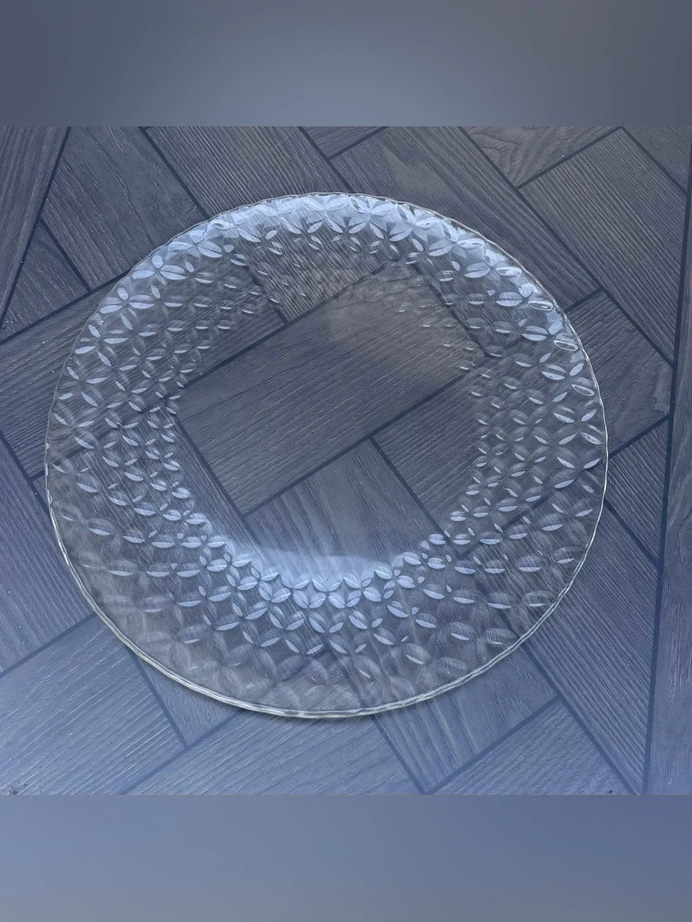 Vintage Italian Clear Pressed Glass Flat Platter Textured Geometric Petal Rim 13